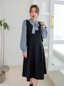 DAZY 拼色灯笼袖系带二合一连衣裙，职业女性服装，秋季服装 - 黑色 - 查看 6