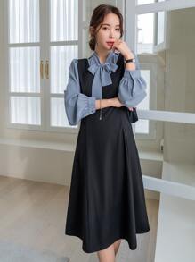 DAZY 拼色灯笼袖系带二合一连衣裙，职业女性服装，秋季服装 - 黑色 - 查看 7