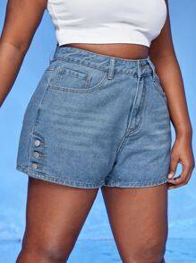 SHEIN SXY Plus Cat Whisker Button Side Denim Shorts - Light Wash - View 1