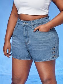 SHEIN SXY Plus Cat Whisker Button Side Denim Shorts - Light Wash - View 4