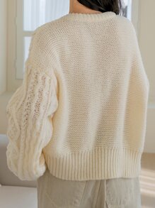 Dazy-Less Cable Knit Drop Shoulder Sweater,Long Sleeve Tops Old Money Style,Fall Women Clothes - Beige - View 2
