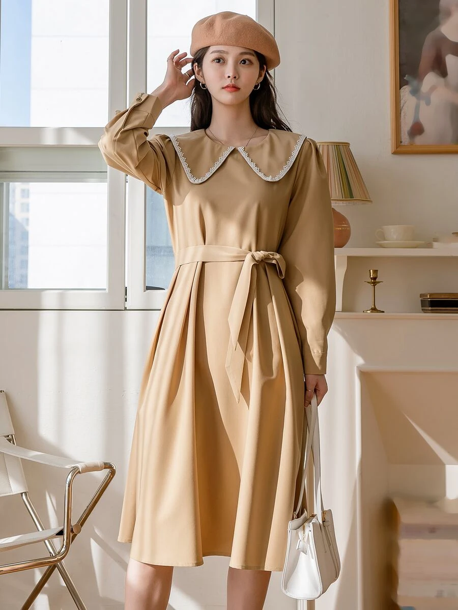 DAZY Đầm Thắt lưng Dây kéo màu trơn Giải trí - Màu Khaki - Xem 1