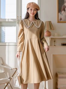 DAZY Đầm Thắt lưng Dây kéo màu trơn Giải trí - Màu Khaki - Xem 3