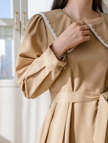 DAZY Đầm Thắt lưng Dây kéo màu trơn Giải trí - Màu Khaki - Xem 4
