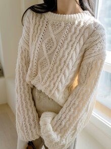 Dazy-Less Cable Knit Drop Shoulder Sweater,Long Sleeve Tops Old Money Style,Fall Women Clothes - Beige - View 7
