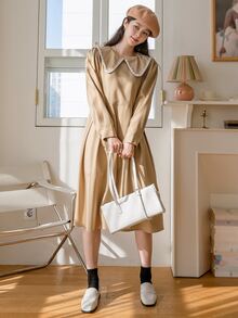 DAZY Đầm Thắt lưng Dây kéo màu trơn Giải trí - Màu Khaki - Xem 5