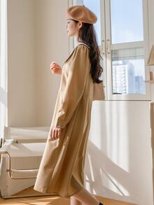 DAZY Đầm Thắt lưng Dây kéo màu trơn Giải trí - Màu Khaki - Xem 6