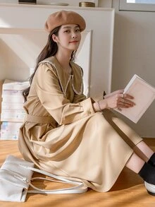 DAZY Đầm Thắt lưng Dây kéo màu trơn Giải trí - Màu Khaki - Xem 7