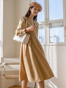 DAZY Đầm Thắt lưng Dây kéo màu trơn Giải trí - Màu Khaki - Xem 8