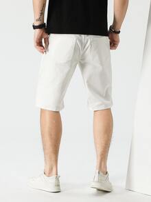 Manfinity 男士口袋貼布牛仔短褲 - 白色 - 查看 5