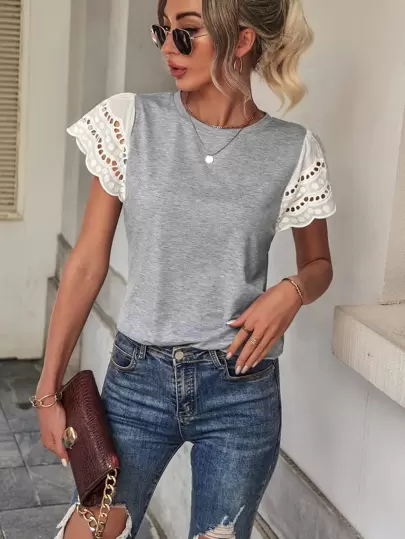 SHEIN LUNE Eyelet Embroidery Butterfly Sleeve Tee