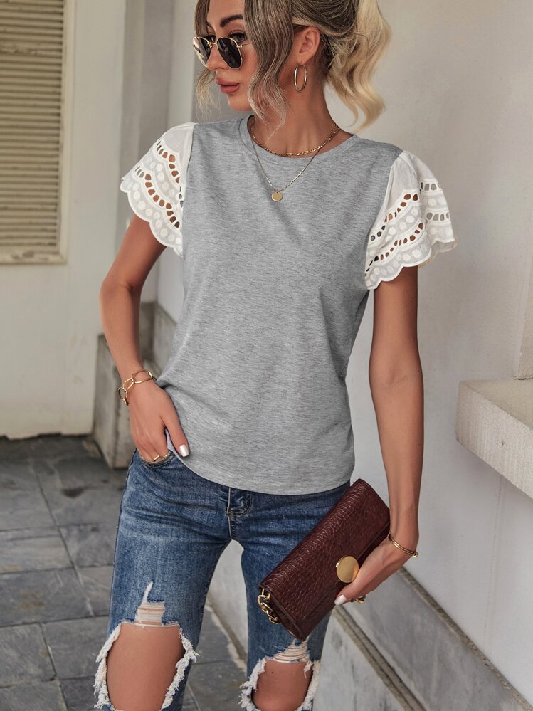 SHEIN LUNE 網眼刺繡蝴蝶袖T恤 - 灰色 - 查看 3