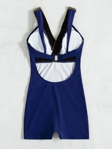 SHEIN Swim Summer Beach Chain Pattern Contrast Tape One Piece Swimsuit - Navy Blue - View 4