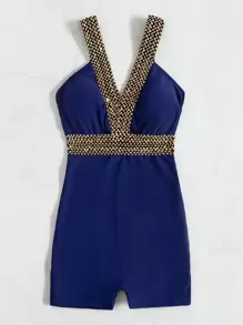 SHEIN Swim Summer Beach Chain Pattern Contrast Tape One Piece Swimsuit - Navy Blue - View 5