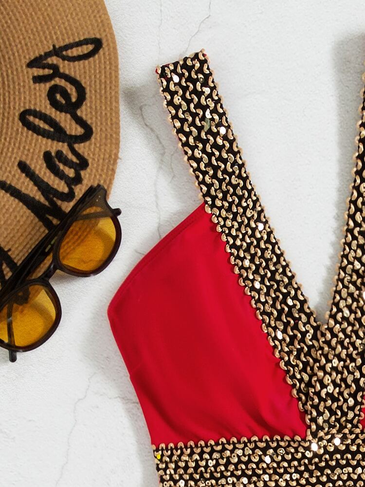 Chain Pattern Contrast Tape One Piece Swimsuit, For Summer Beach Vacation - Red - View 6