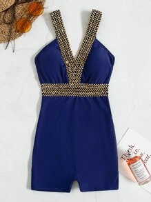 SHEIN Swim Summer Beach Chain Pattern Contrast Tape One Piece Swimsuit - Navy Blue - View 7