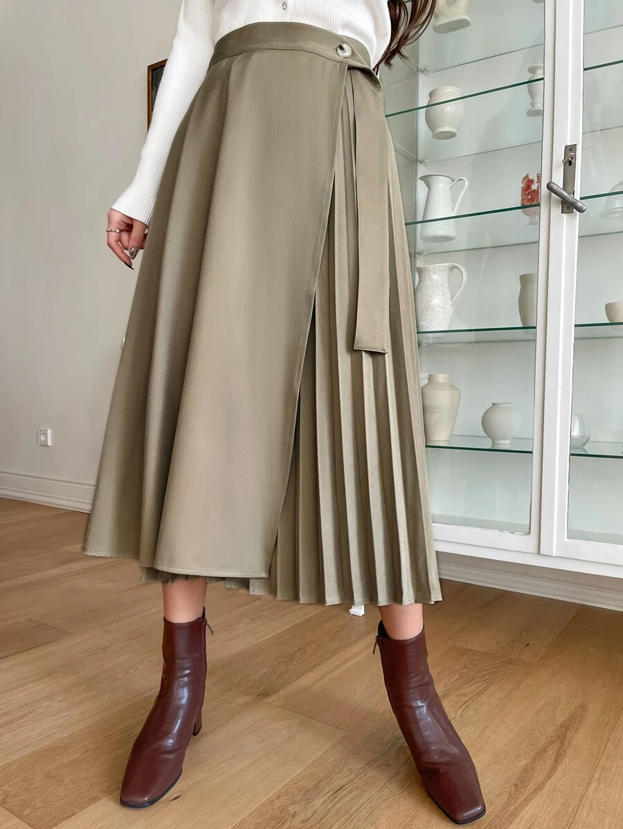 DAZY Pleated Panel Draped Side Wrap Skirt - Khaki - View 1