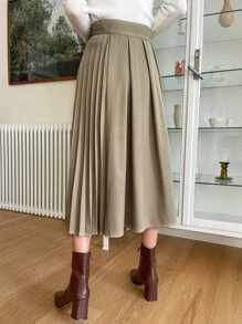 DAZY Pleated Panel Draped Side Wrap Skirt - Khaki - View 2