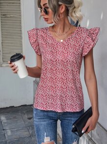 Áo thun nữ Xù Thực vật Tất cả trên in Giải trí - Đỏ và trắng - Xem 1