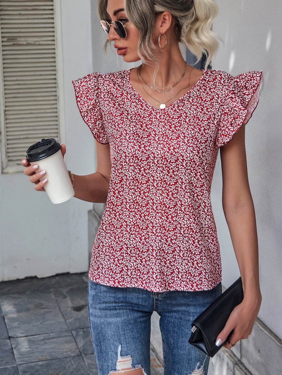 Áo thun nữ Xù Thực vật Tất cả trên in Giải trí - Đỏ và trắng - Xem 1