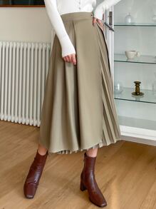 DAZY Pleated Panel Draped Side Wrap Skirt - Khaki - View 3