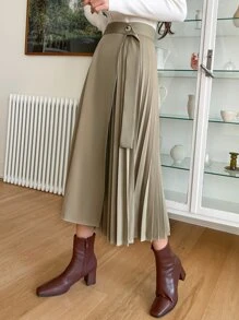 DAZY Pleated Panel Draped Side Wrap Skirt - Khaki - View 4