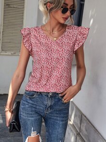 Áo thun nữ Xù Thực vật Tất cả trên in Giải trí - Đỏ và trắng - Xem 3