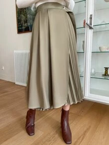 DAZY Pleated Panel Draped Side Wrap Skirt - Khaki - View 5