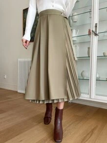 DAZY Pleated Panel Draped Side Wrap Skirt - Khaki - View 7