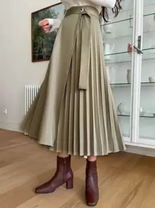 DAZY Pleated Panel Draped Side Wrap Skirt - Khaki - View 8