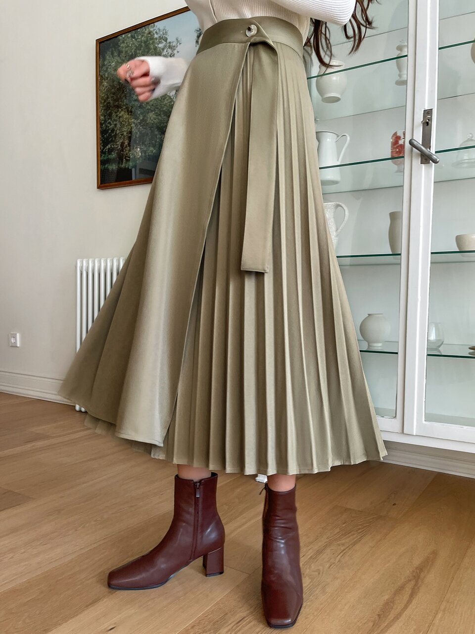 Pleated Panel Draped Side Wrap Skirt