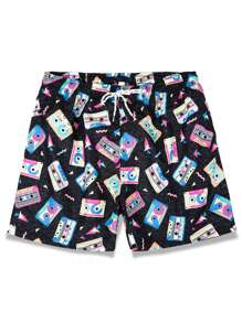 ROMWE MEN Quần Short Nam Thắt nơ trước Hoạt hình Tất cả trên in Kỳ nghỉ - màu đen - Xem 1