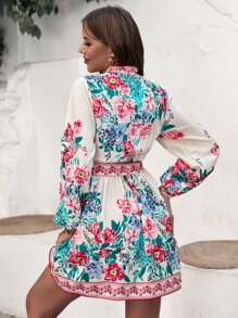 GENKIRA Floral Print Lantern Sleeve Belted Dress - Multicolor - View 2