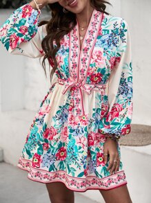 GENKIRA Floral Print Lantern Sleeve Belted Dress - Multicolor - View 4