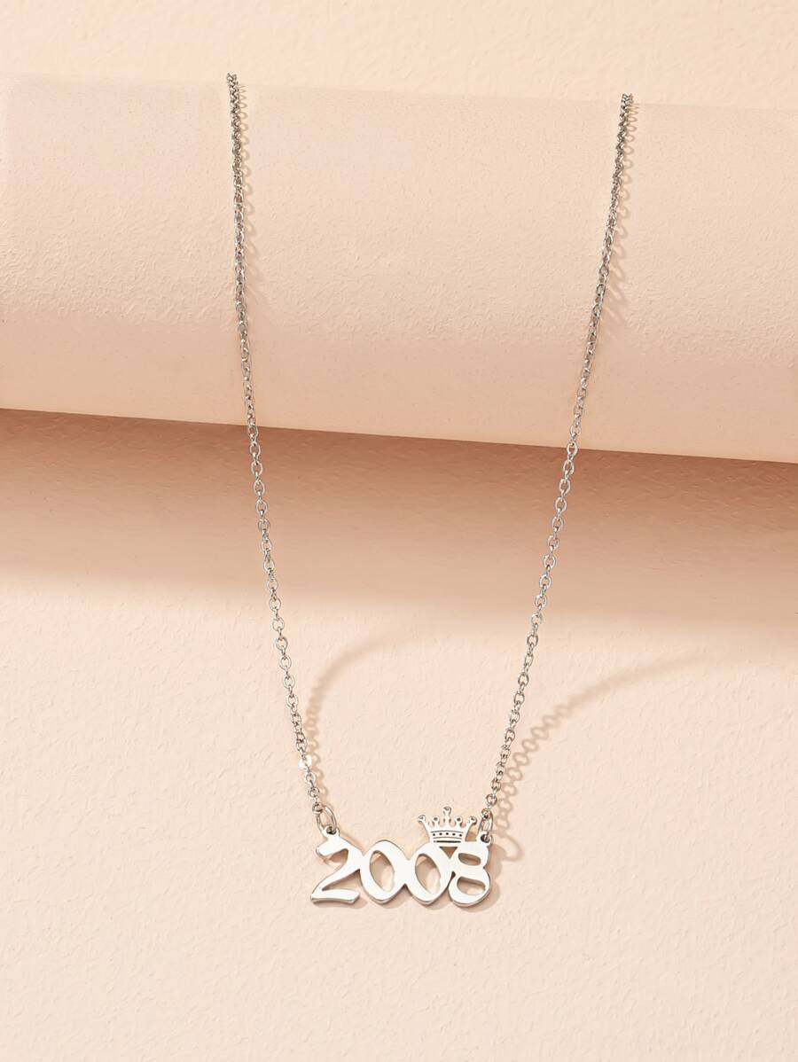 皇冠細節數字吊墜項鍊 - 銀色 - 查看 1