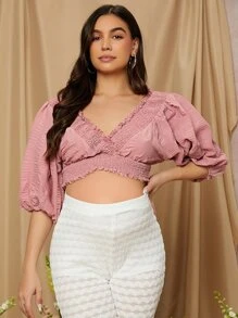 SHEIN Maternity Double V- Neck Frill Trim Crop Top - Dusty Pink - View 3