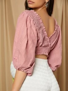 SHEIN Maternity Double V- Neck Frill Trim Crop Top - Dusty Pink - View 4