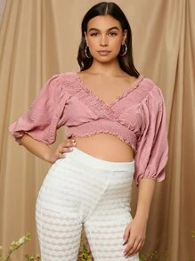 SHEIN Maternity Double V- Neck Frill Trim Crop Top - Dusty Pink - View 5