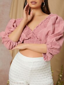 SHEIN Maternity Double V- Neck Frill Trim Crop Top - Dusty Pink - View 6