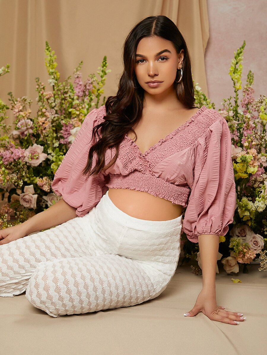 SHEIN Maternity Double V- Neck Frill Trim Crop Top - Dusty Pink - View 1