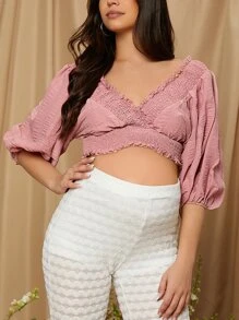 SHEIN Maternity Double V- Neck Frill Trim Crop Top - Dusty Pink - View 2