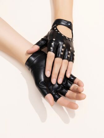 1Pair Hollow Out Rivet Punk Gloves Trendy PU Leather Fingerless Short Gloves Hip Hop Rock Biker Driving Gloves For Women