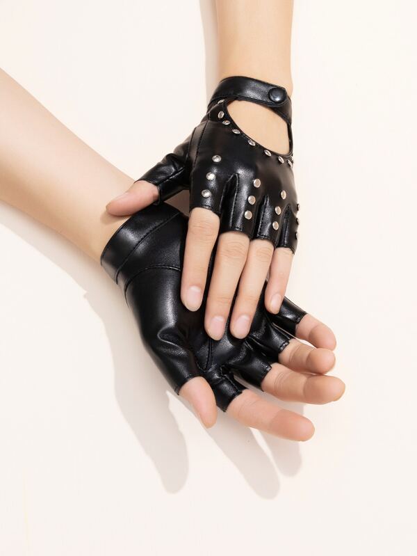 Sexy 1Pair Hollow Out Rivet Punk Gloves PU Leather Fingerless Short Gloves Hip Hop Rock Biker Driving Gloves For Women