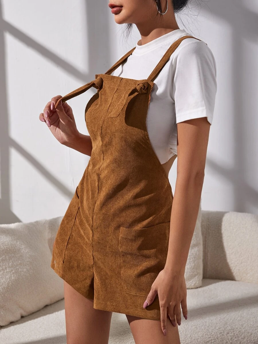 SHEIN EZwear Áo liền quần nữ Thắt nút Túi màu trơn Sẵn sàng - màu nâu - Xem 1