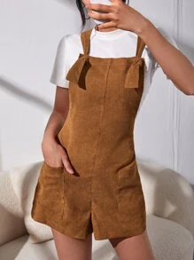 SHEIN EZwear Áo liền quần nữ Thắt nút Túi màu trơn Sẵn sàng - màu nâu - Xem 3