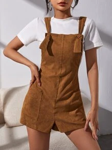 SHEIN EZwear Áo liền quần nữ Thắt nút Túi màu trơn Sẵn sàng - màu nâu - Xem 5