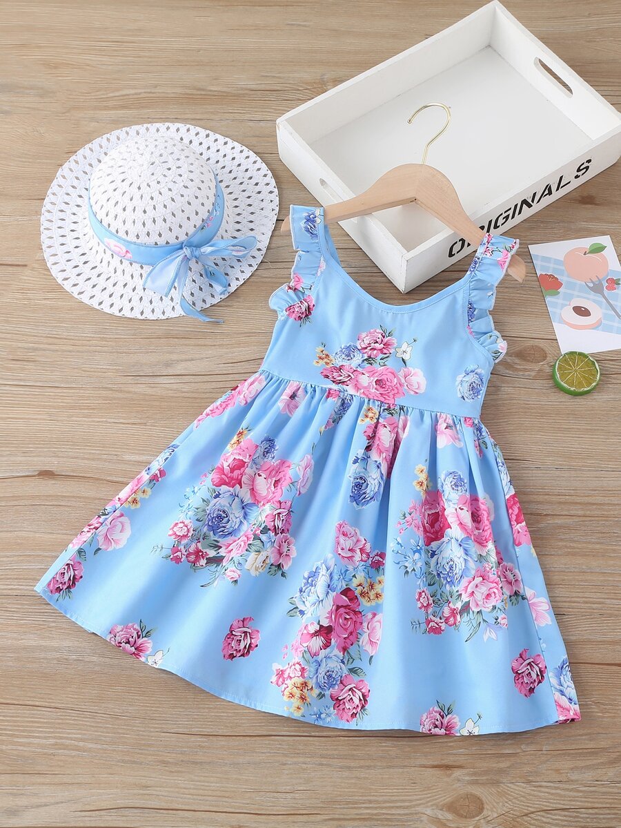 Toddler Girls Floral Print Ruffle Trim Dress With Hat - Blue - View 1