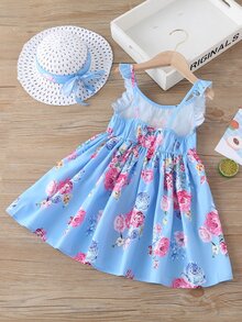 Toddler Girls Floral Print Ruffle Trim Dress With Hat - Blue - View 2