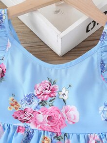 Toddler Girls Floral Print Ruffle Trim Dress With Hat - Blue - View 3