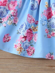 Toddler Girls Floral Print Ruffle Trim Dress With Hat - Blue - View 4